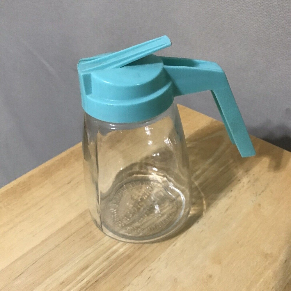 FEDERAL HOUSEWARES Turquoise Aqua Syrup or Cream Dispenser Glass Mid Century